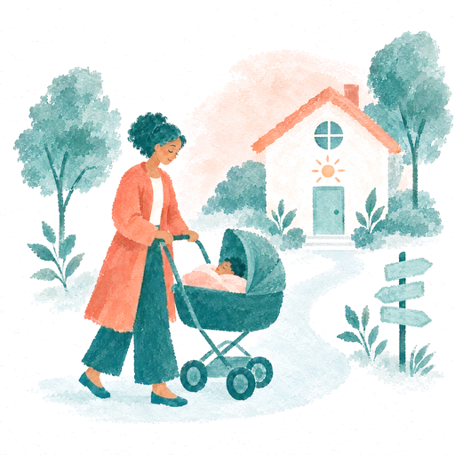 A mother with a stroller on a path toward a small house